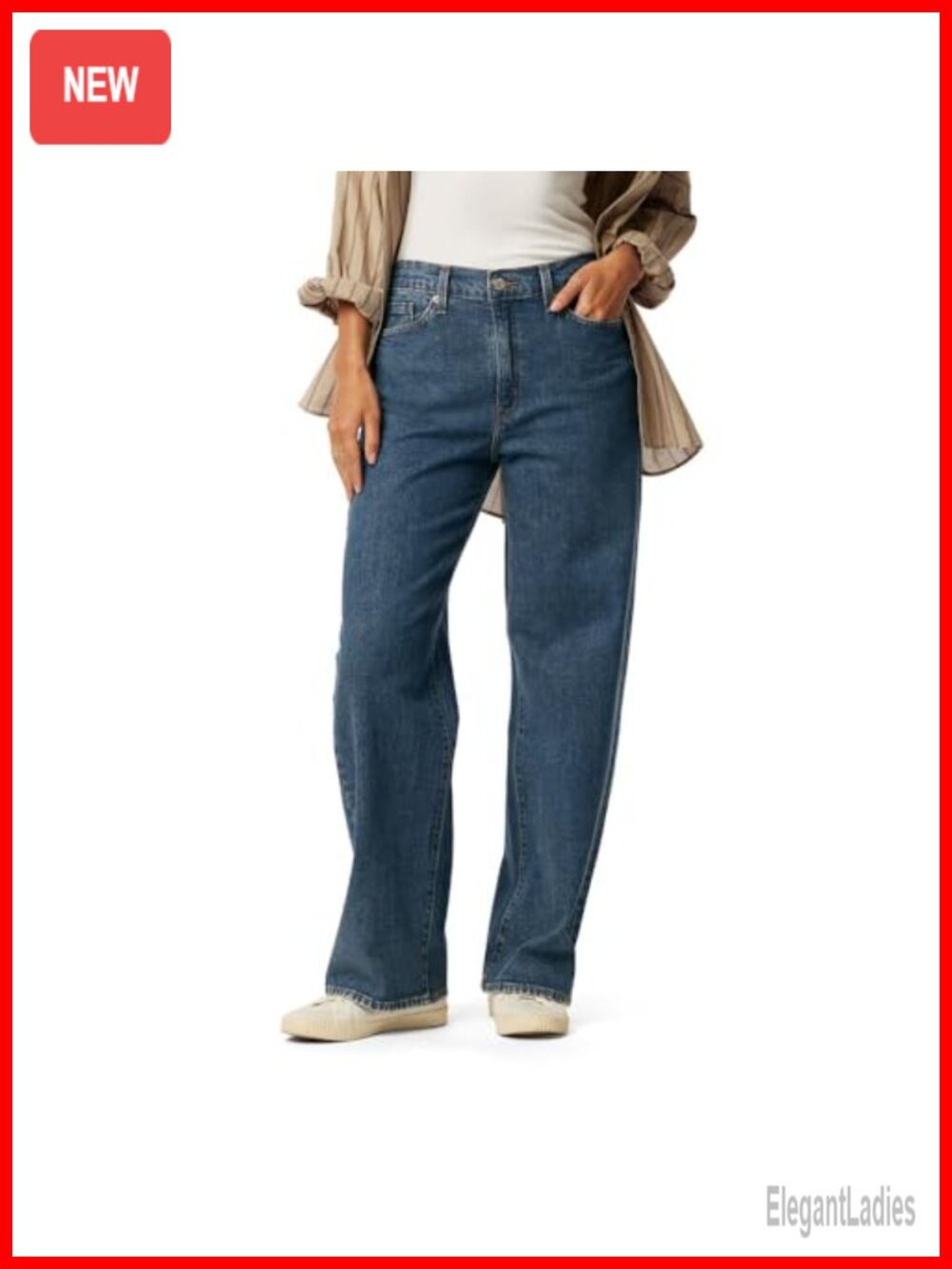 Wide Leg Jeans Mid-Rise Stretch Denim Curvy Fit Cotton Blend